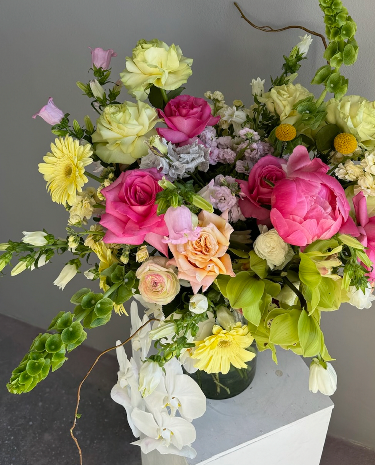 Bouquet in a vase “Grandma&#39;s garden” - peonies, orchids, roses