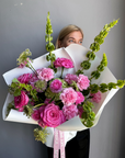 Bouquet “Jungle Flamingo” - peony roses, ranunculus, bells of Ireland, dianthus