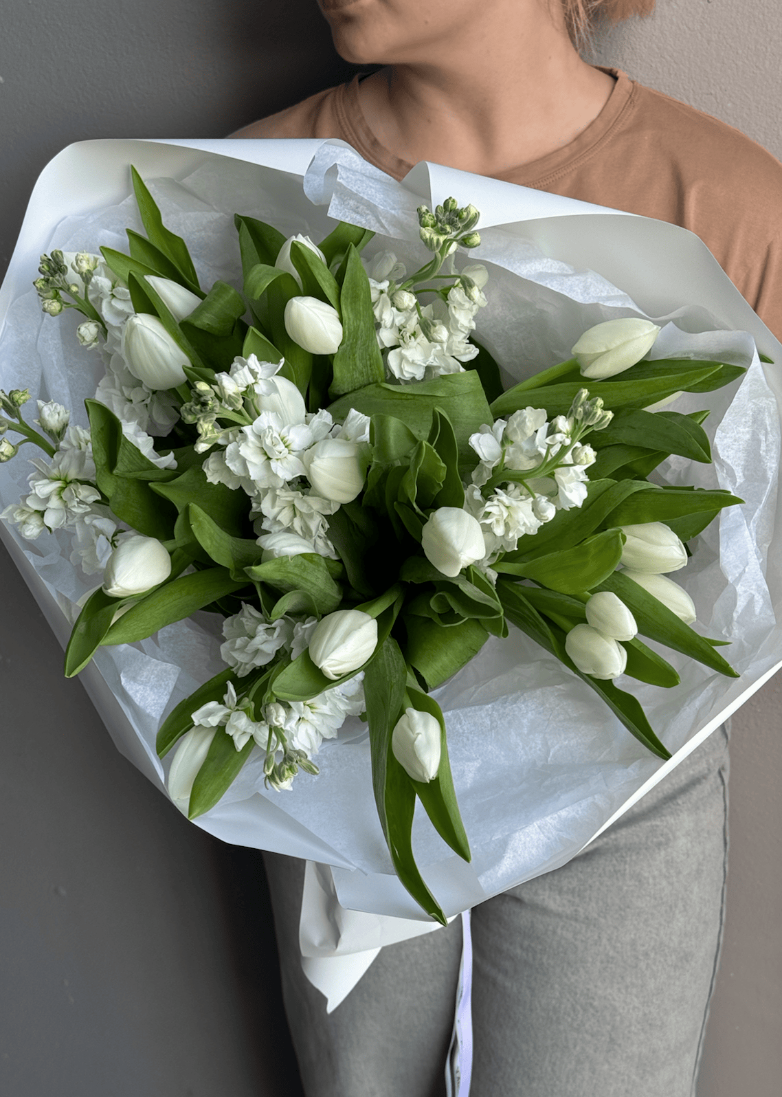 Duo bouquet “White Duet” - white tulips, white stock