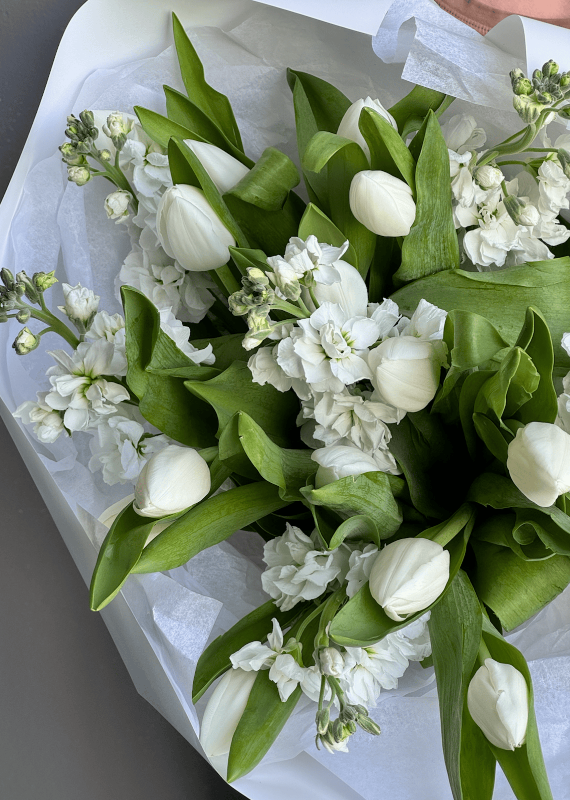 Duo bouquet “White Duet” - white tulips, white stock