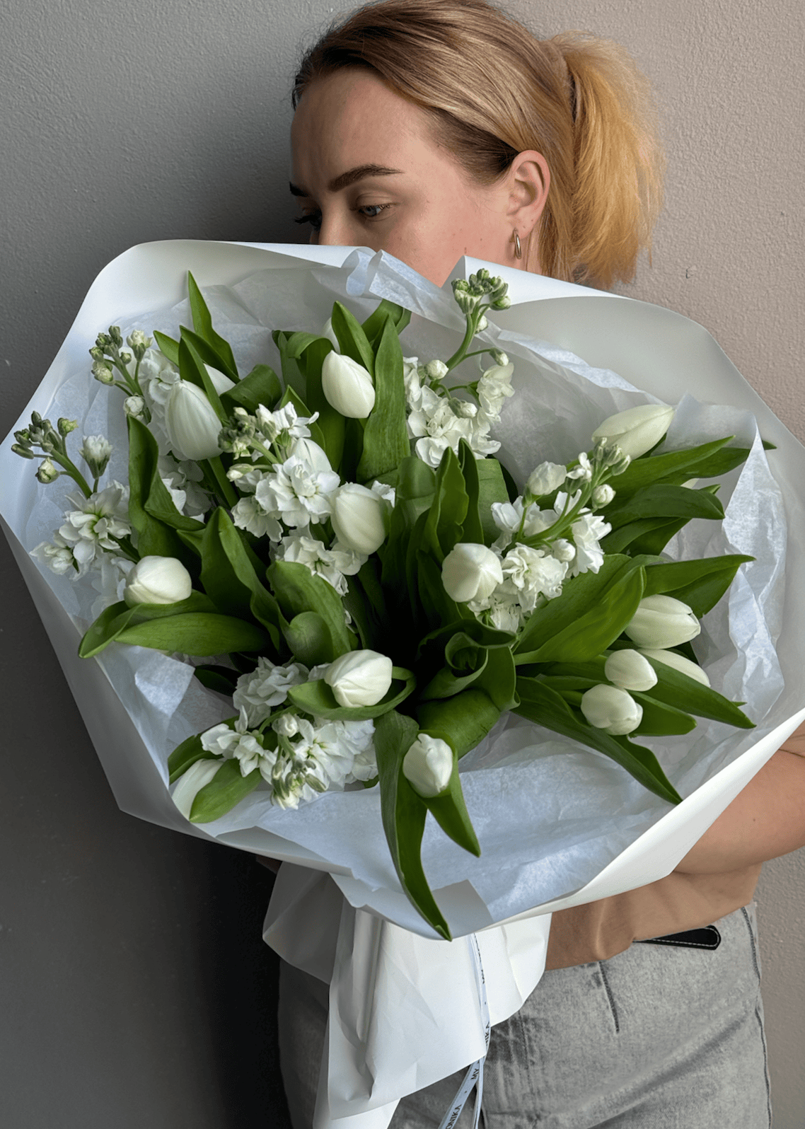 Duo bouquet “White Duet” - white tulips, white stock