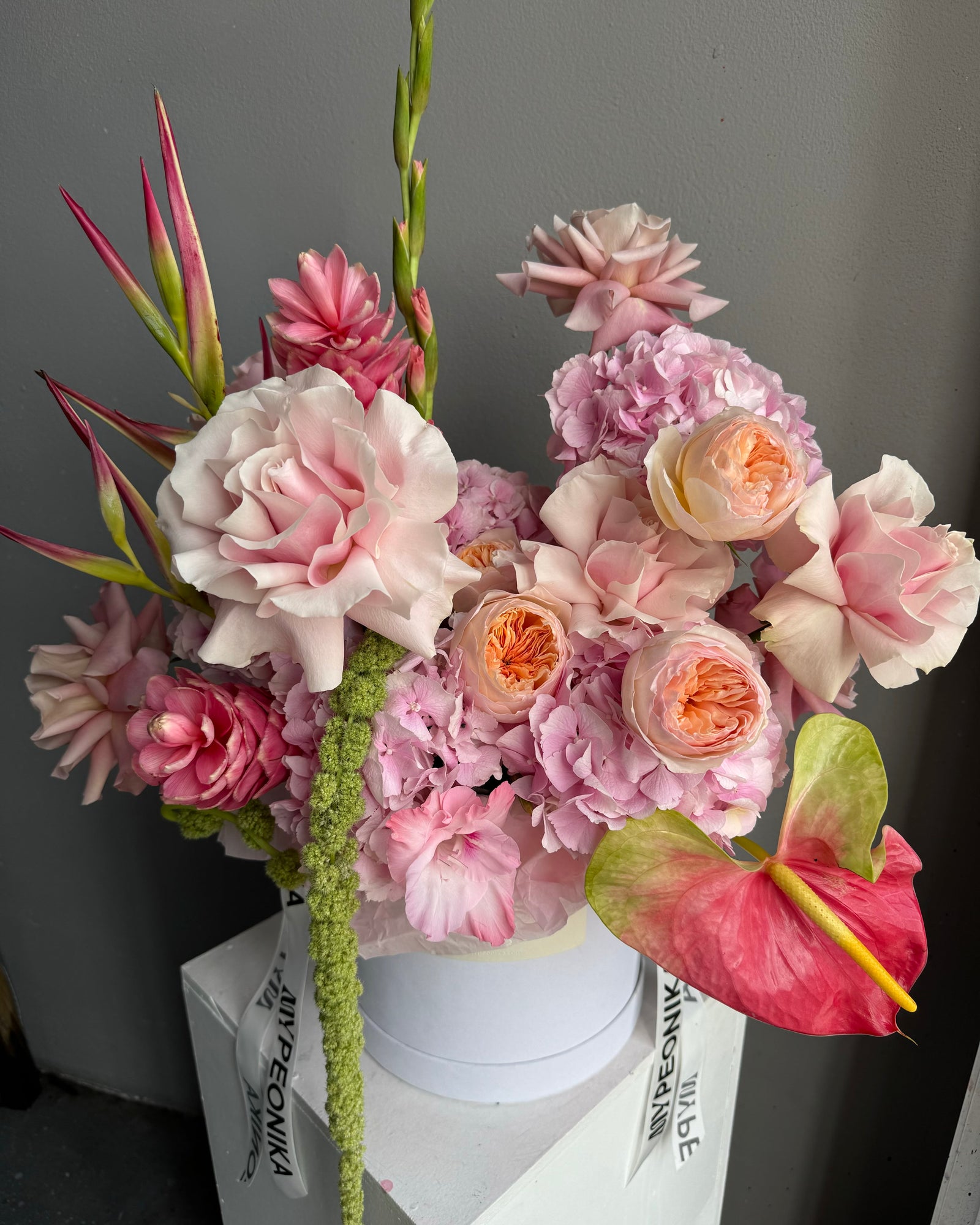 Flower Box “Island Majesty” - French and garden roses, anthuriums, birds of paradise