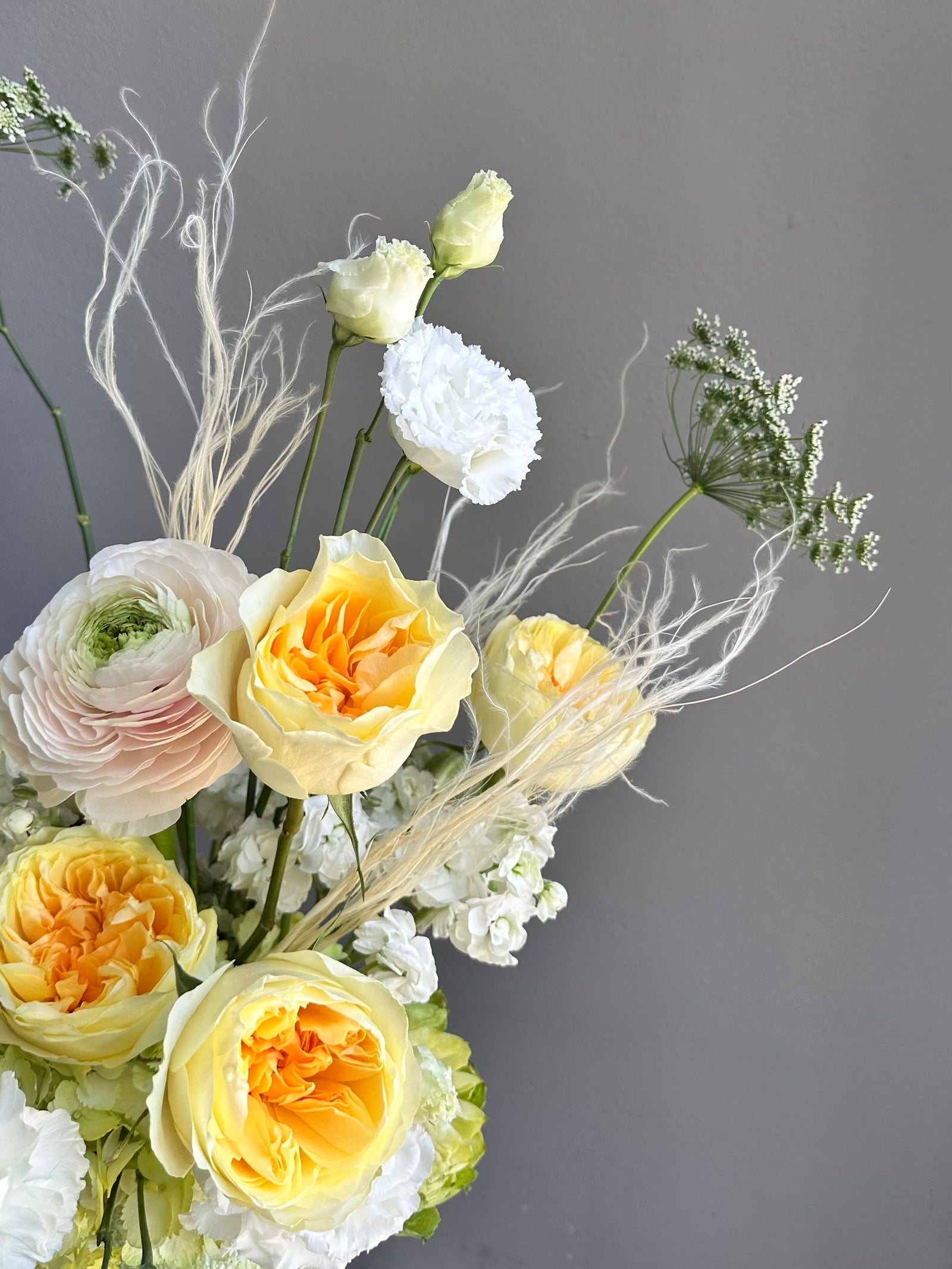 Vase Arrangement “Soft Jungle” — roses, veggie roses, lisianthus, anthurium
