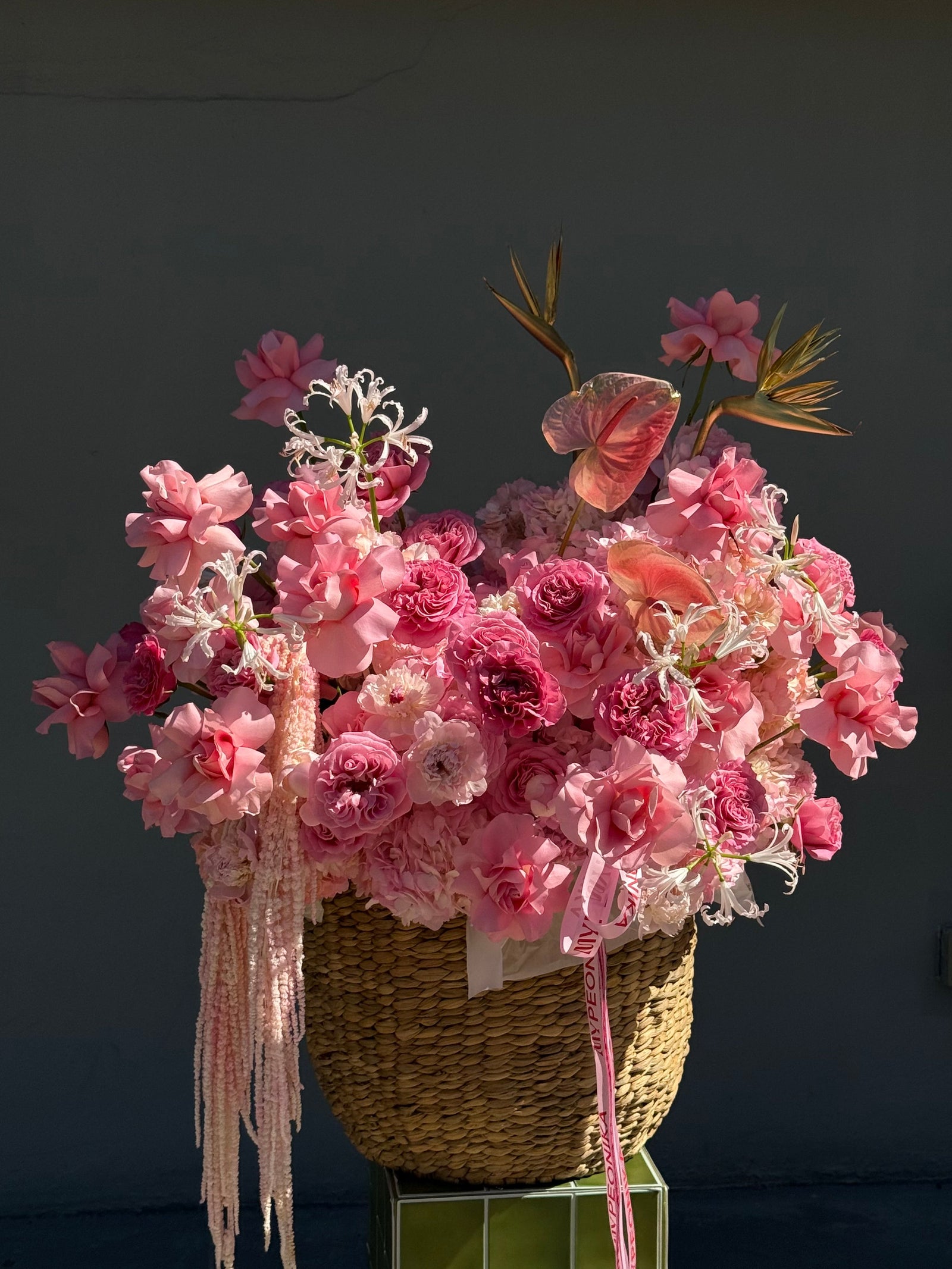 Flower Basket “Hyperpink” — anthurium, strelitzia, roses, hydrangea