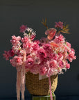 Flower Basket “Hyperpink” — anthurium, strelitzia, roses, hydrangea