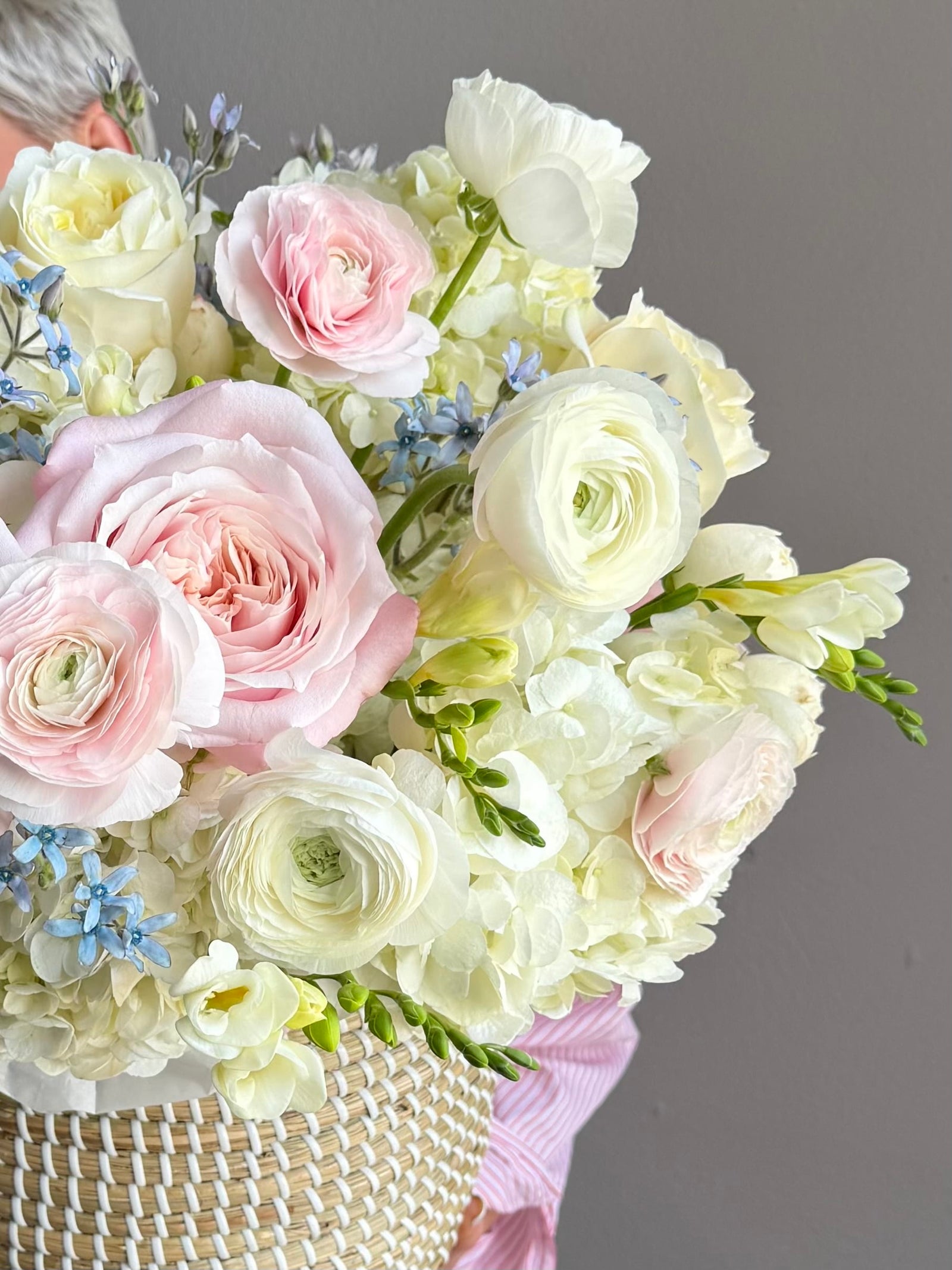 Flower Basket “Lucky Girl” — ranunculus, roses, hydrangeas