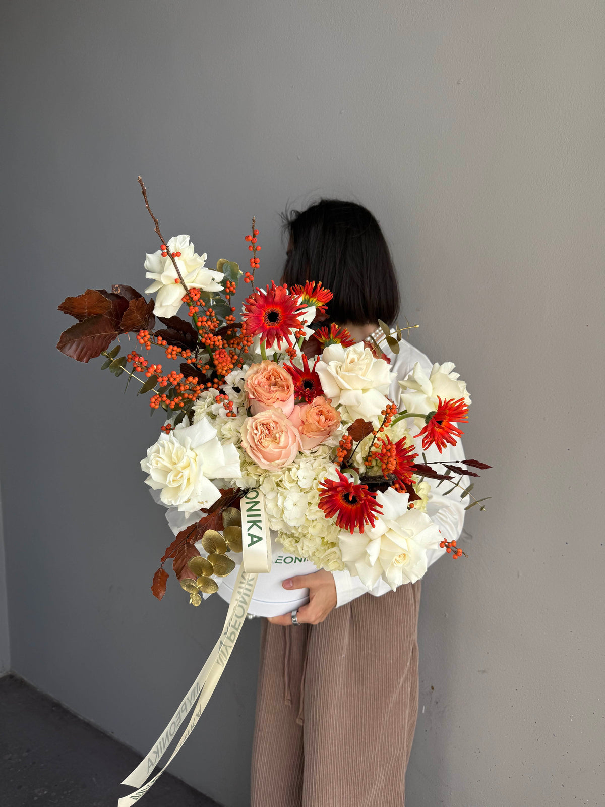 Flower Box “October Love” — gerbera, roses, hydrangea