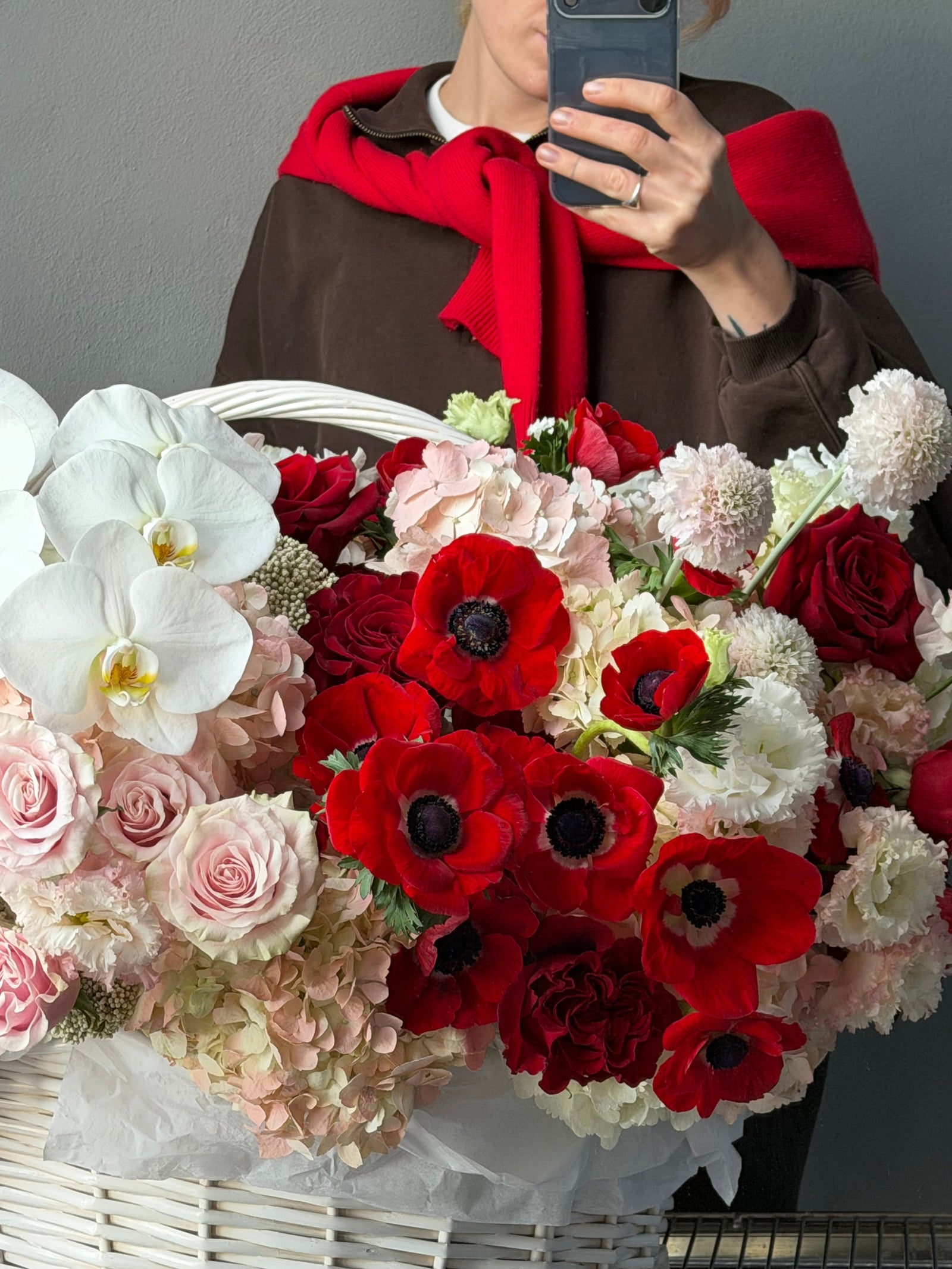 Flower Basket “Say My Name” — anemones, orchids, roses, hydrangea