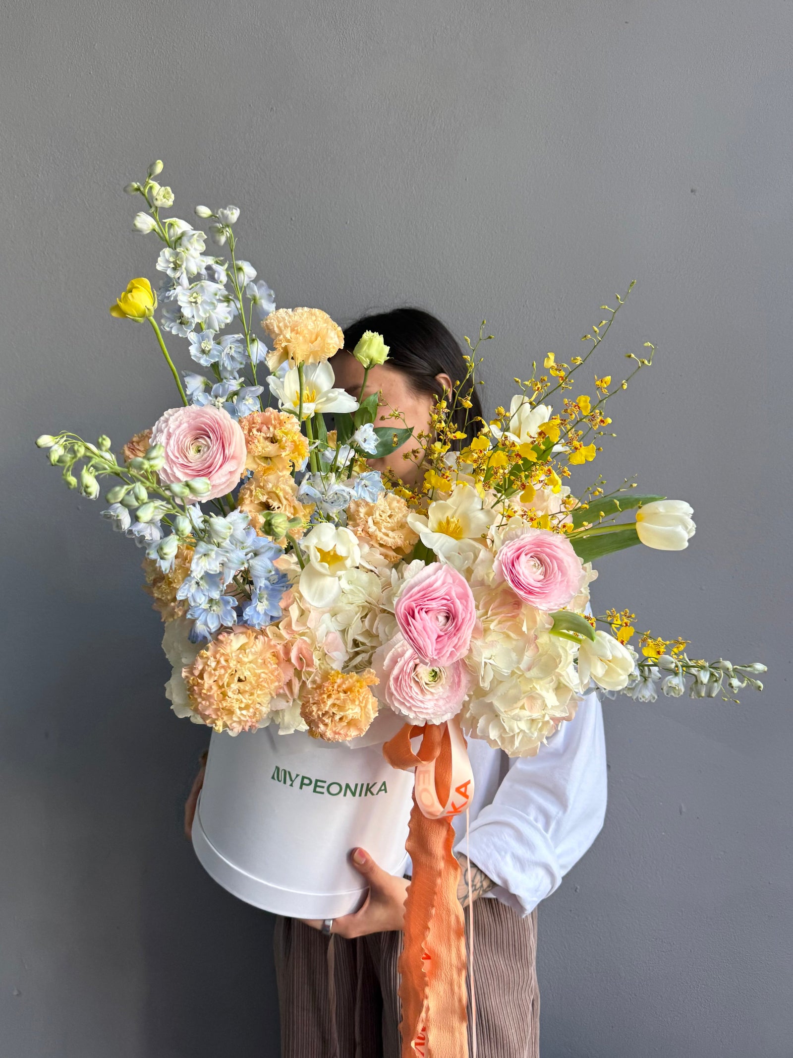 Flower Box “Fresh Start” — ranunculus, hydrangea, delphinium, lisianthus &amp; seasonal blooms