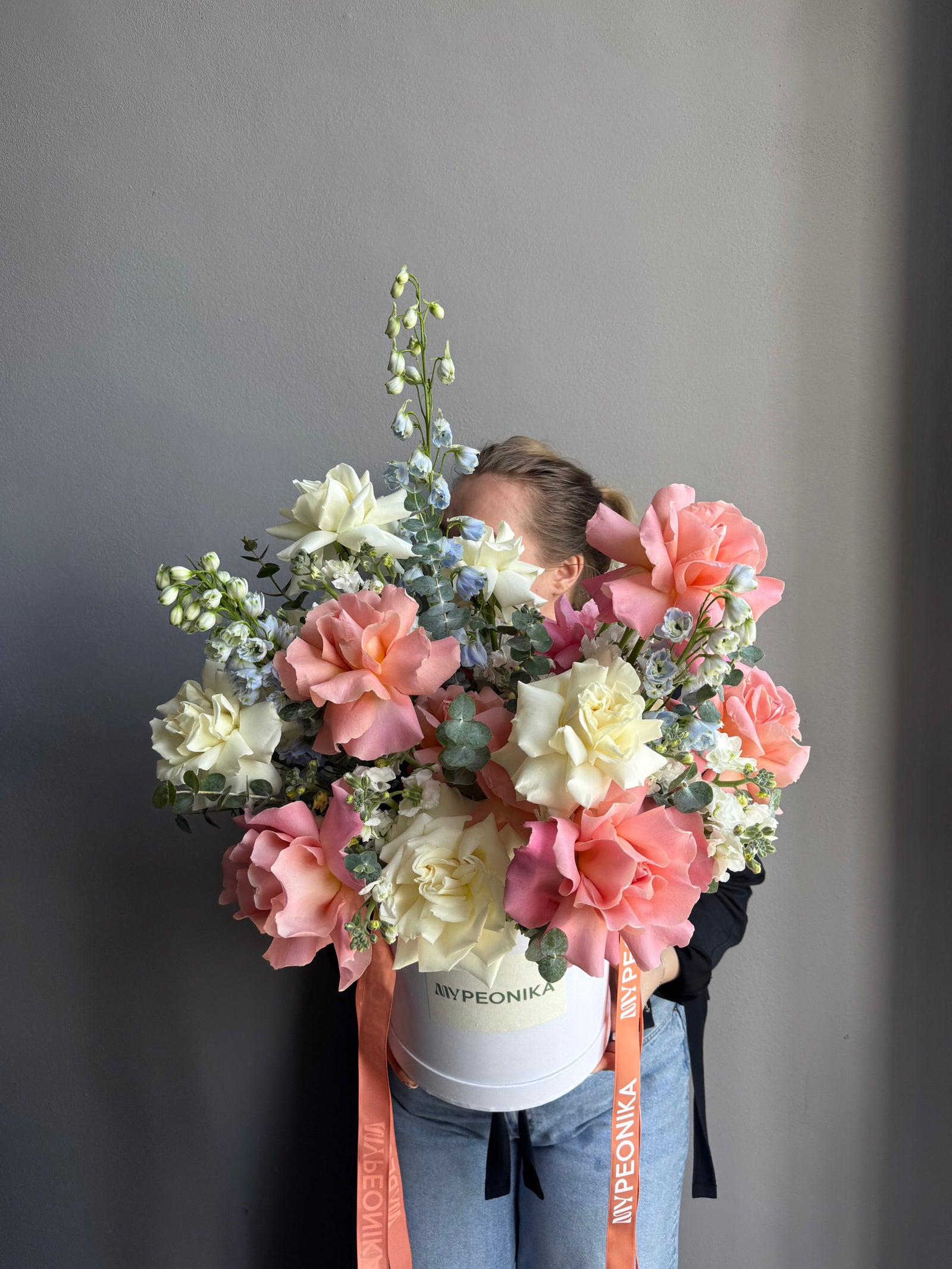 Flower Box "Pastel Serenity" - roses, delphiniums, stock