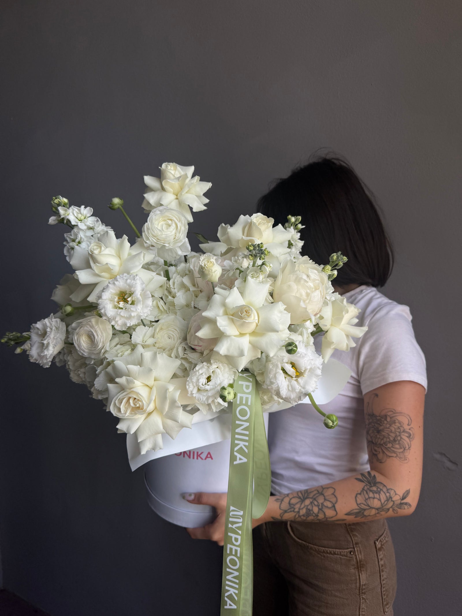 Flower Box “Tender White” — hydrangeas, peonies, ranunculus, lisi, white stock