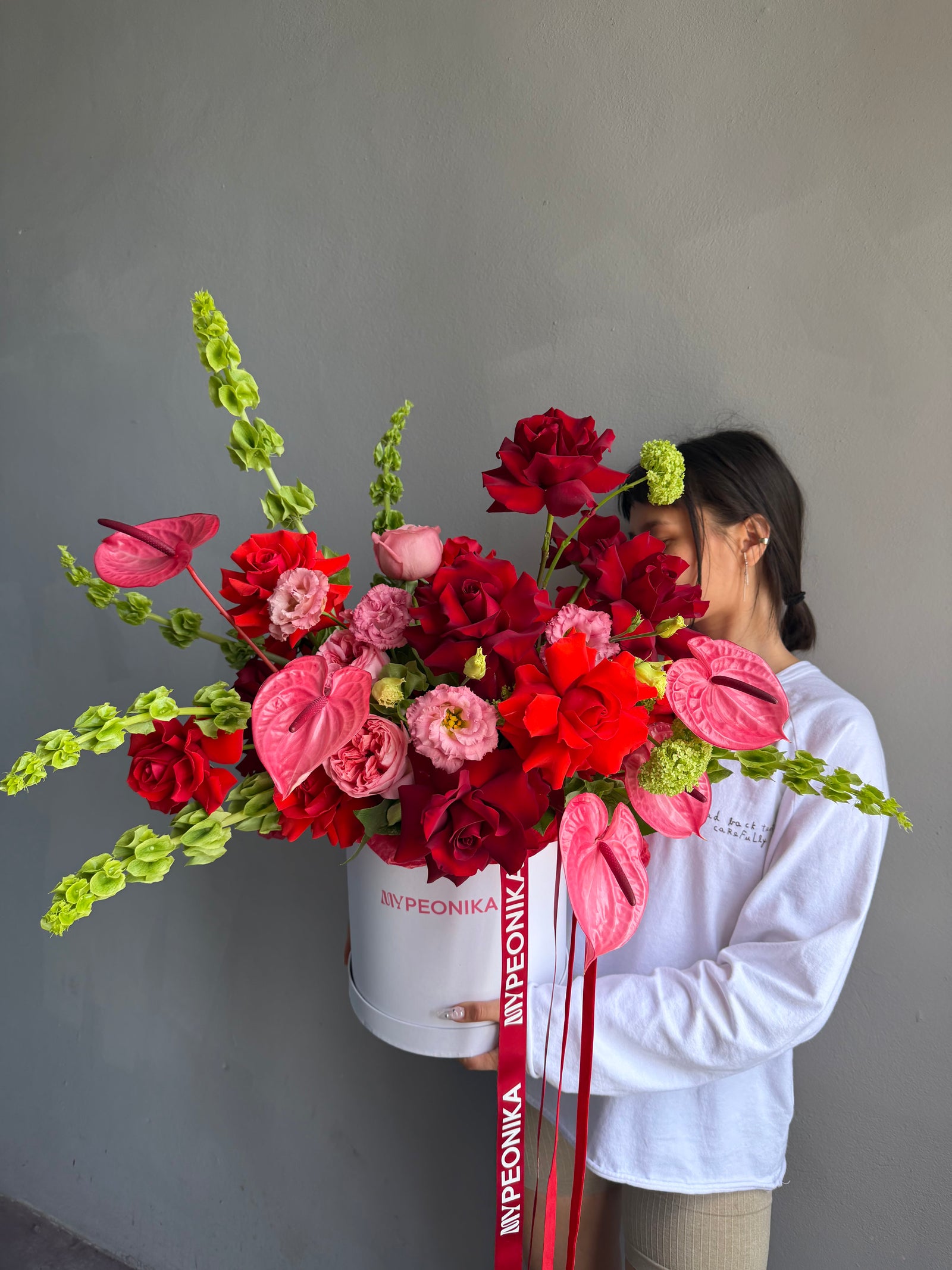 Flower Box “Too Good in Red” — anthurium, roses, viburnum
