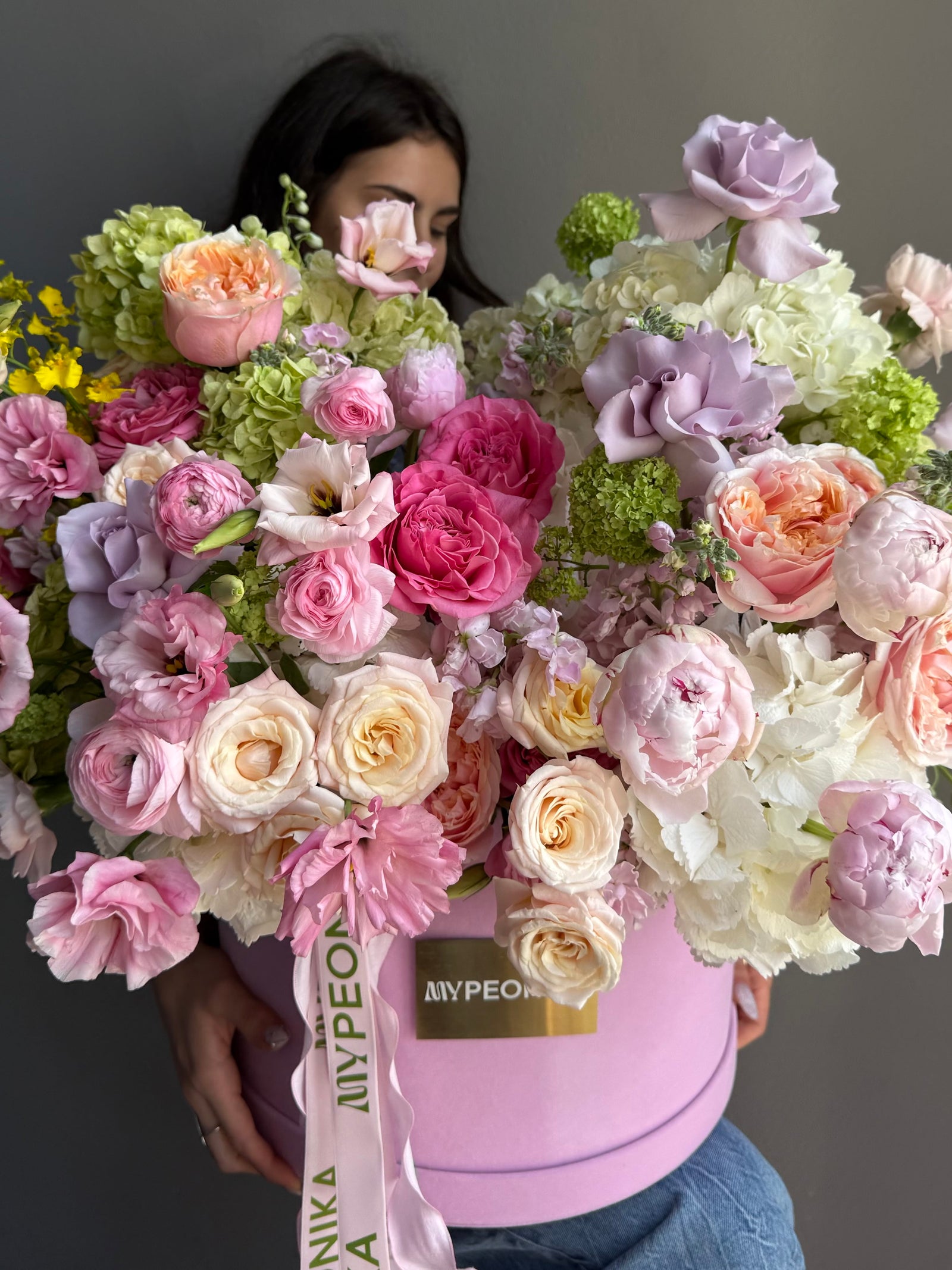 Flower Box “For Her, With Love” — roses, hydrangea, peonies, ranunculus, viburnum