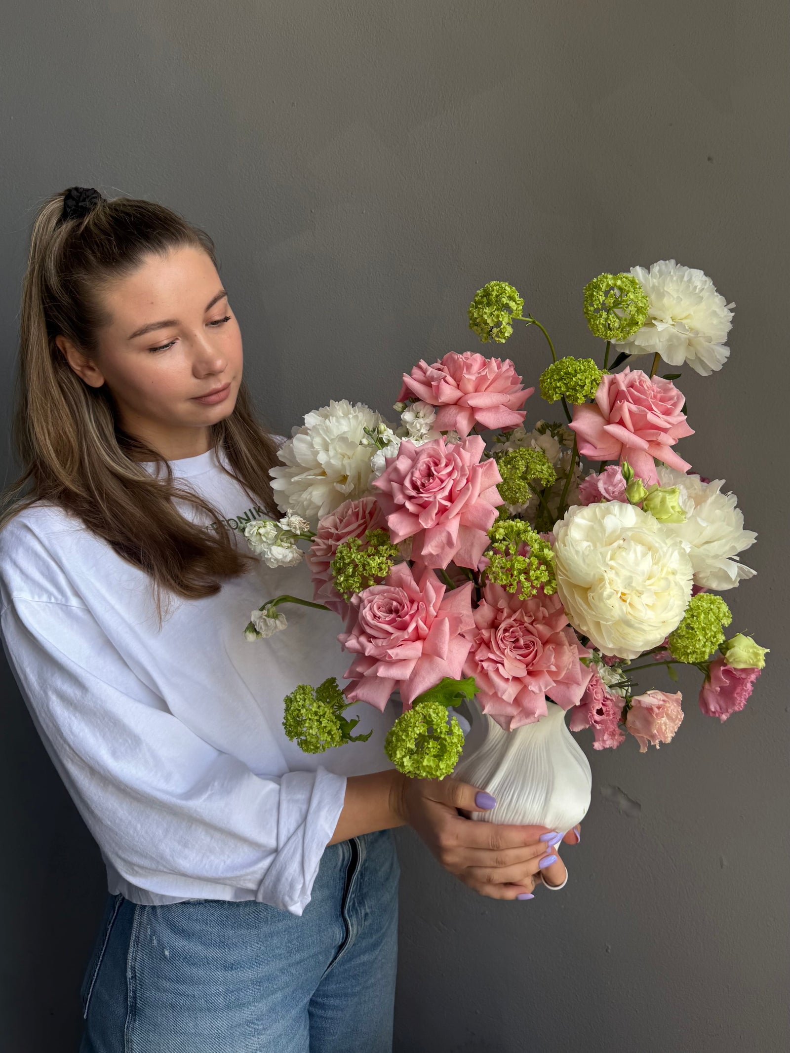 Vase Arrangement “Petal Baby” — roses, peonies, viburnum