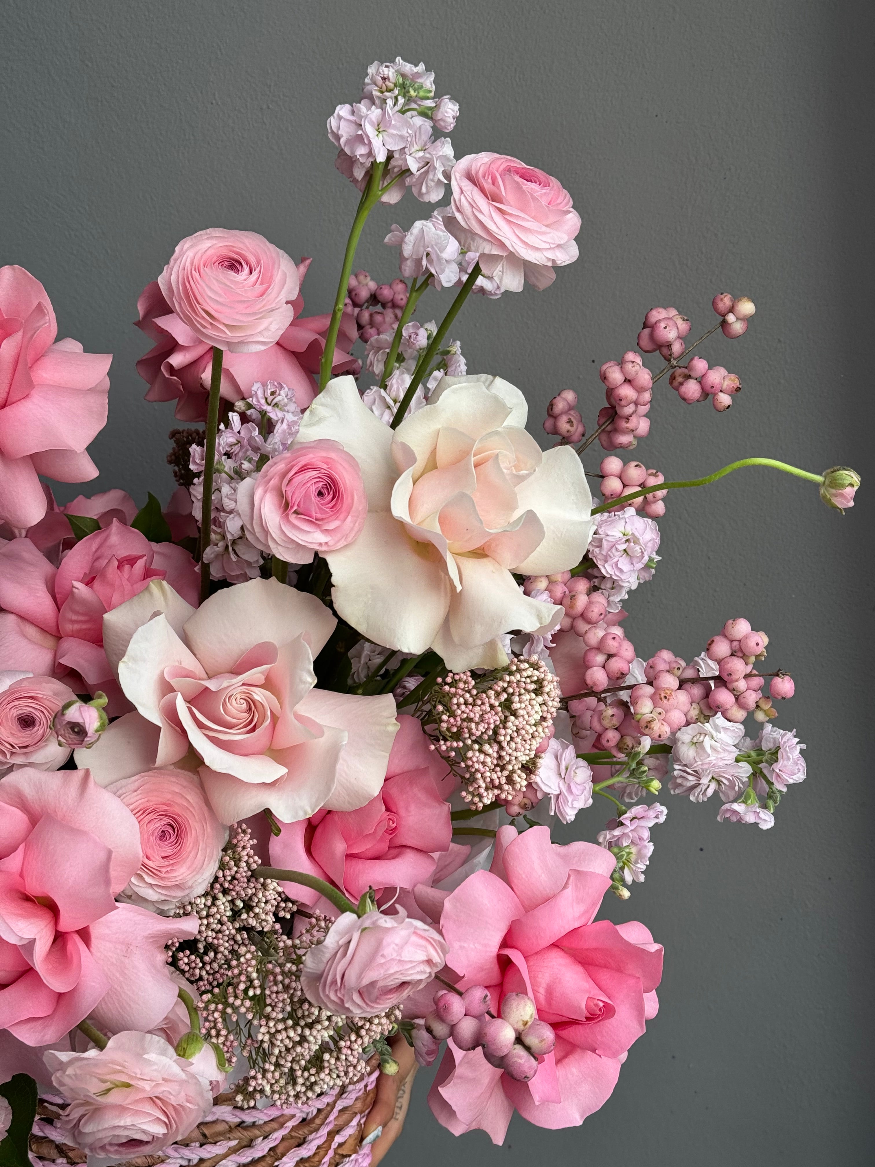 Flower Basket “Powder Shock” — anthurium, roses, ranunculus