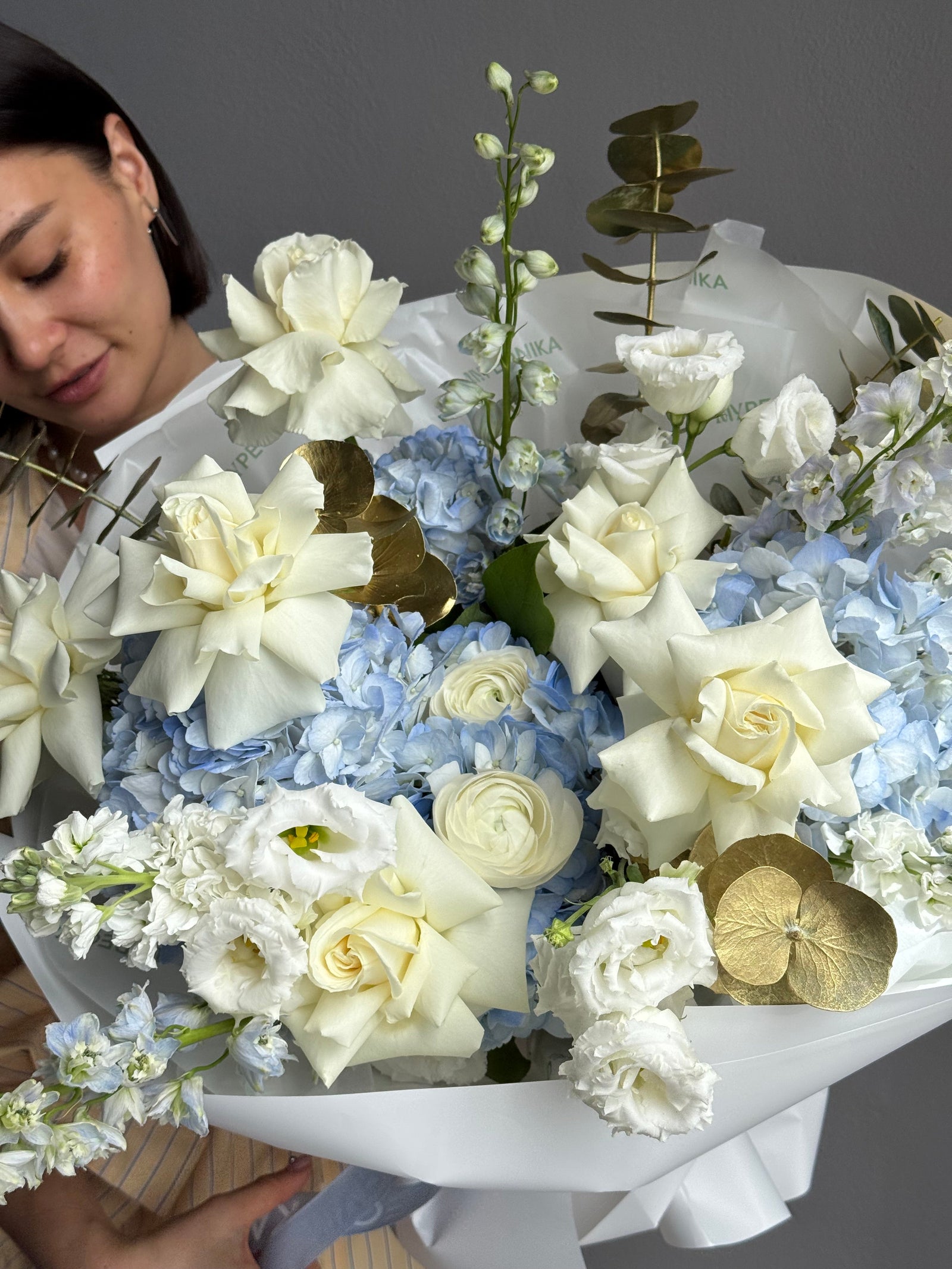 Bouquet “Ophelia” — delphinium, hydrangeas, ranunculus, roses