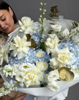 Bouquet “Ophelia” — delphinium, hydrangeas, ranunculus, roses