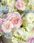 Flower Basket “Lucky Girl” — ranunculus, roses, hydrangeas