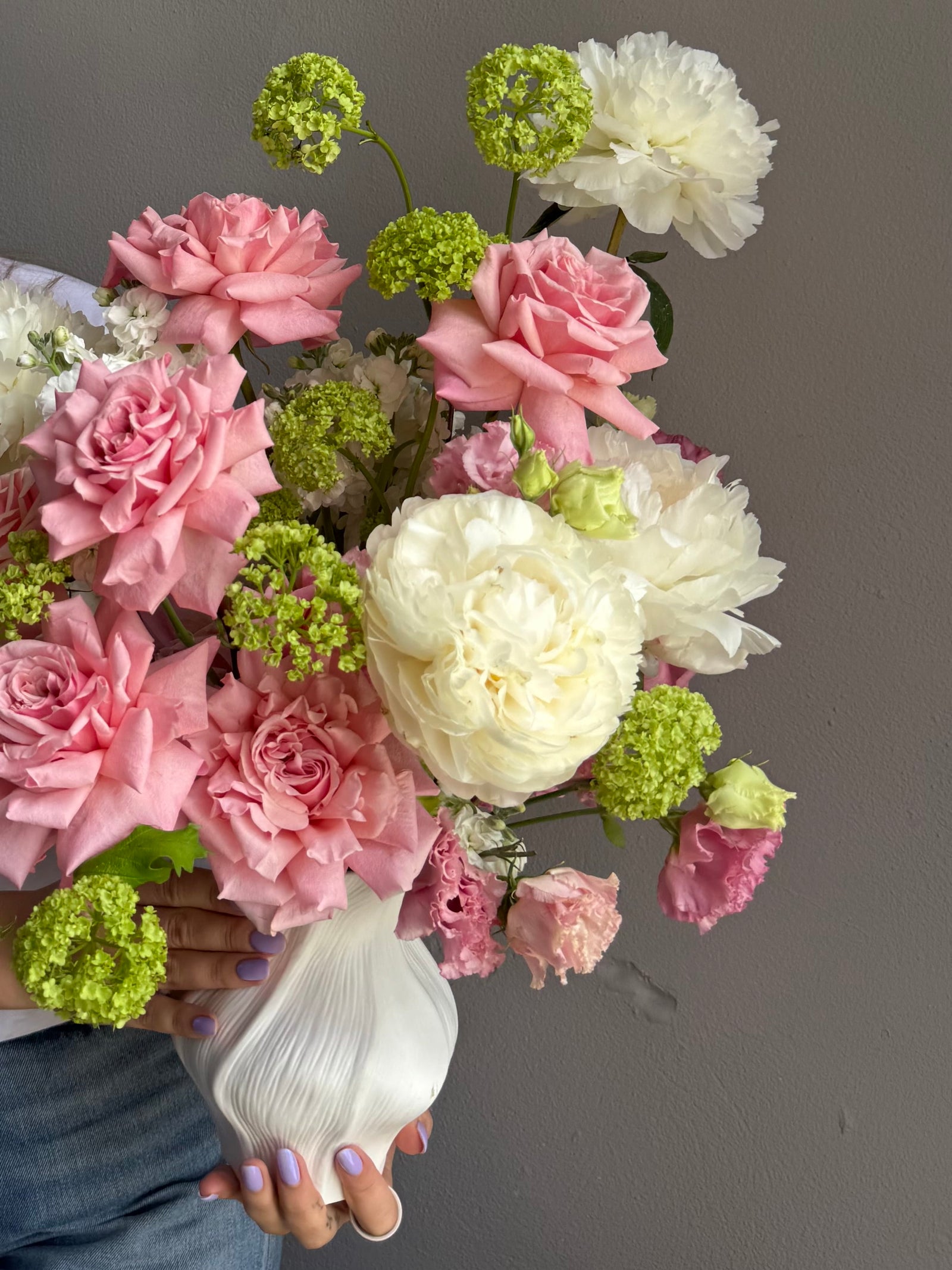 Vase Arrangement “Petal Baby” — roses, peonies, viburnum