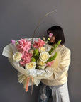 Bouquet “Into the Garden” — roses, campanula, molucella