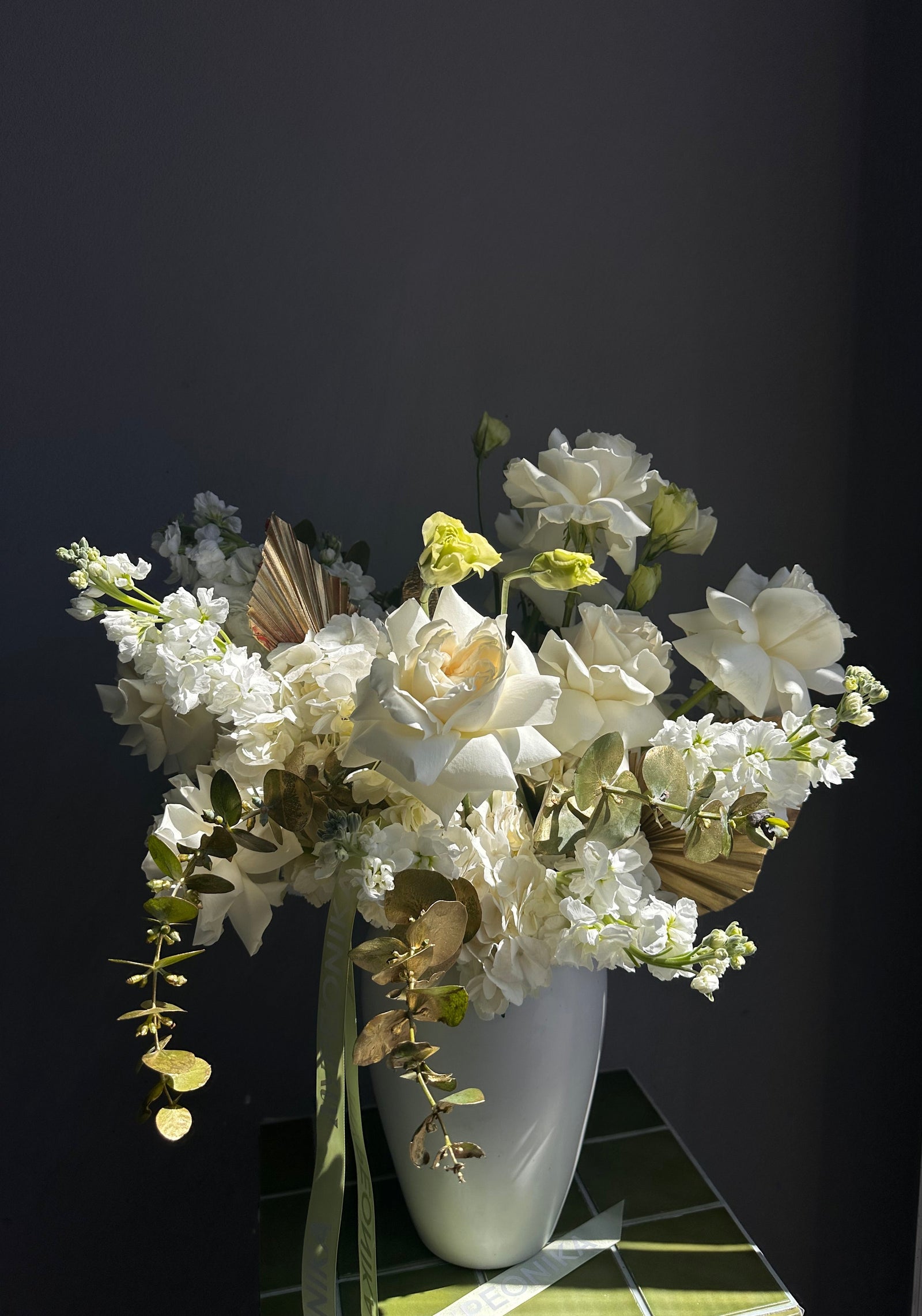 Interior arrangement "Warm Embrace" - roses, stock, dried flowers