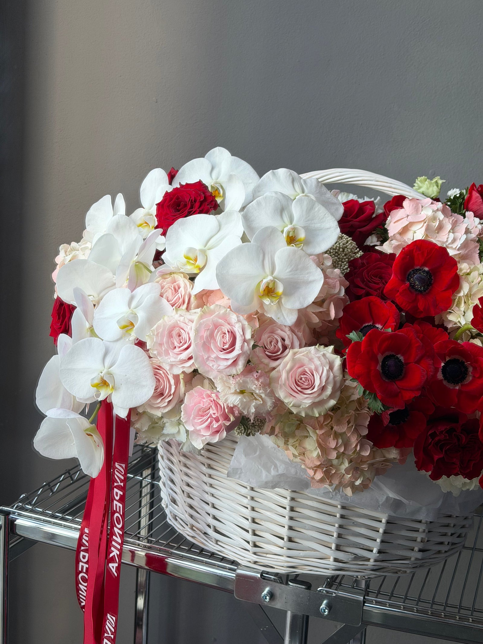 Flower Basket “Say My Name” — anemones, orchids, roses, hydrangea