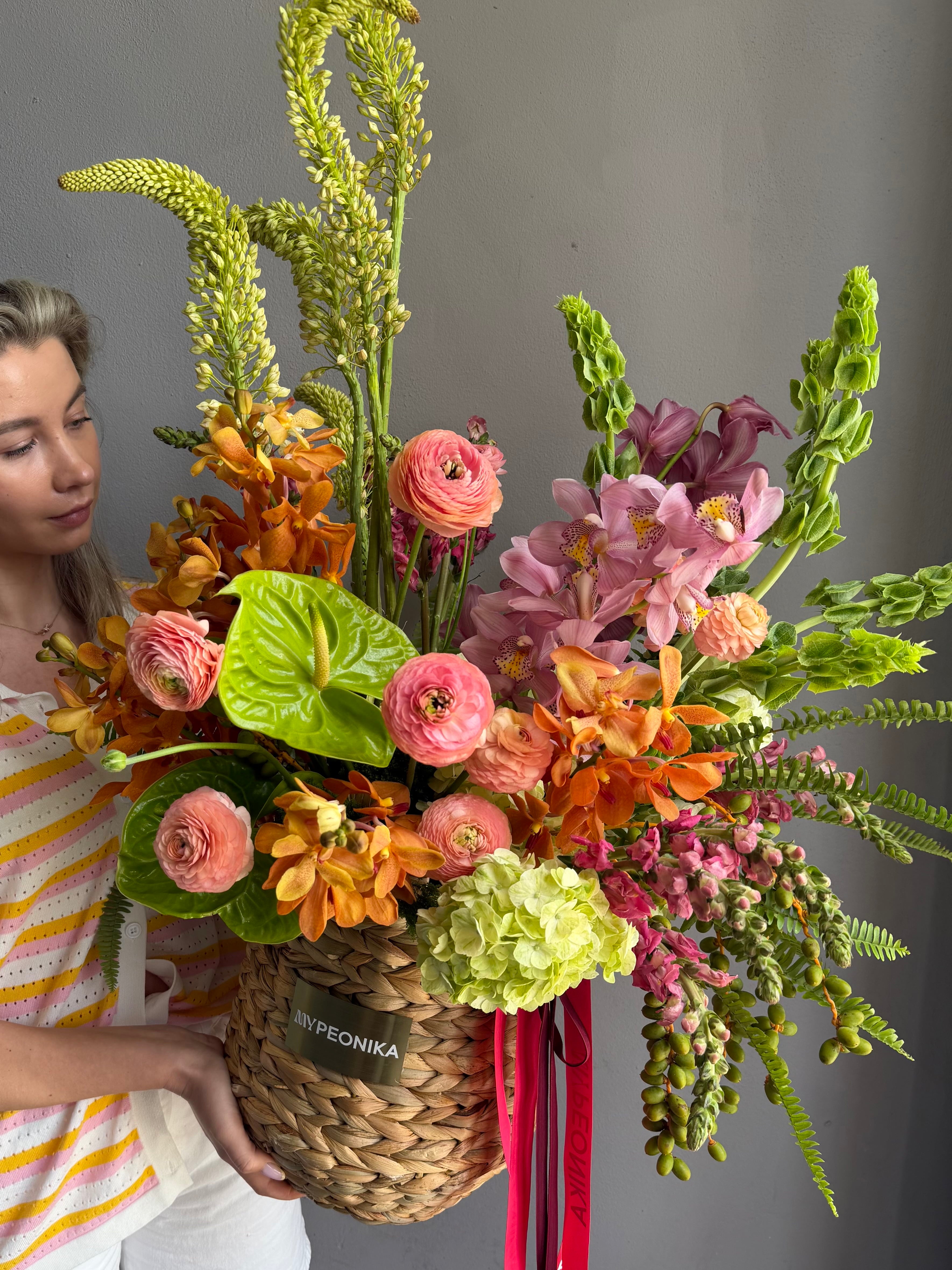Flower Basket “Wild Eden” — ranunculus, anthurium, hydrangea
