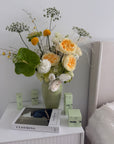 Vase Arrangement “Soft Jungle” — roses, veggie roses, lisianthus, anthurium