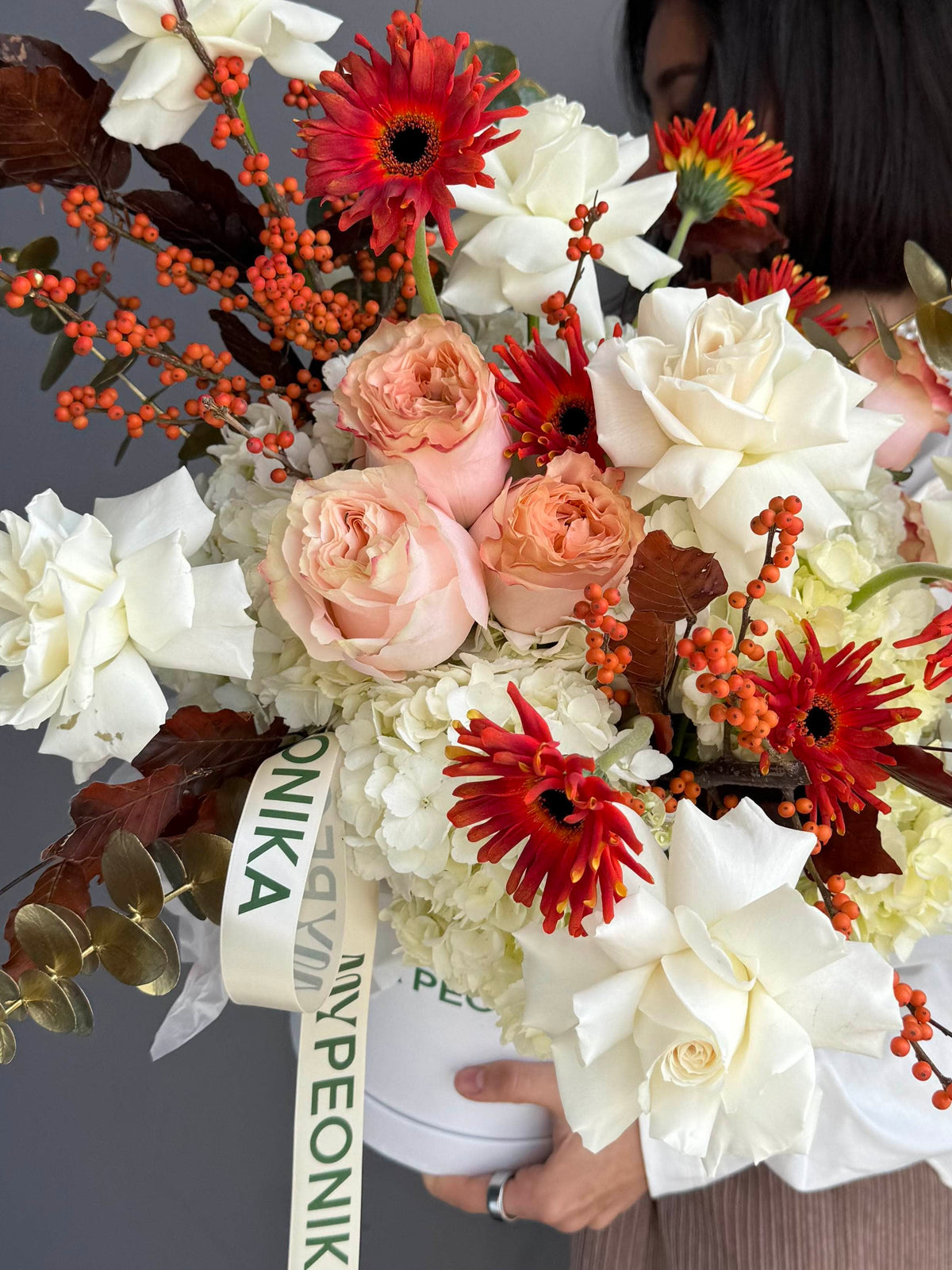 Flower Box “October Love” — gerbera, roses, hydrangea