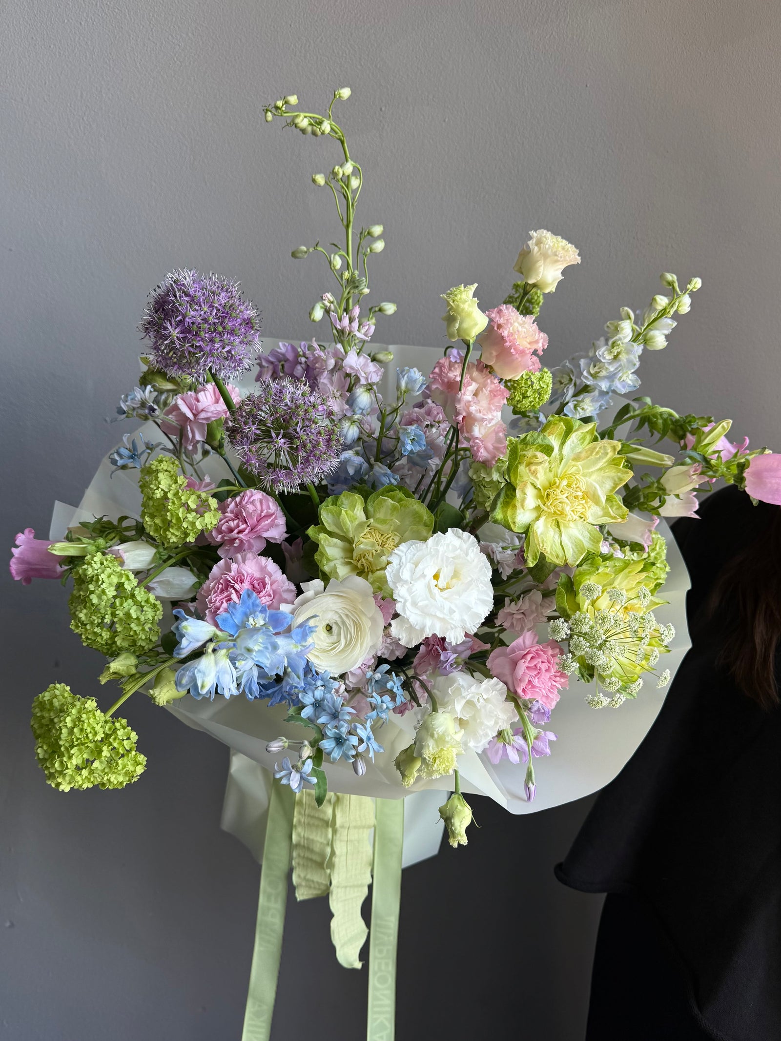 Bouquet “Color Me Happy” — veggie roses, allium, delphinium, campanula