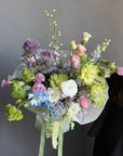 Bouquet “Color Me Happy” — veggie roses, allium, delphinium, campanula