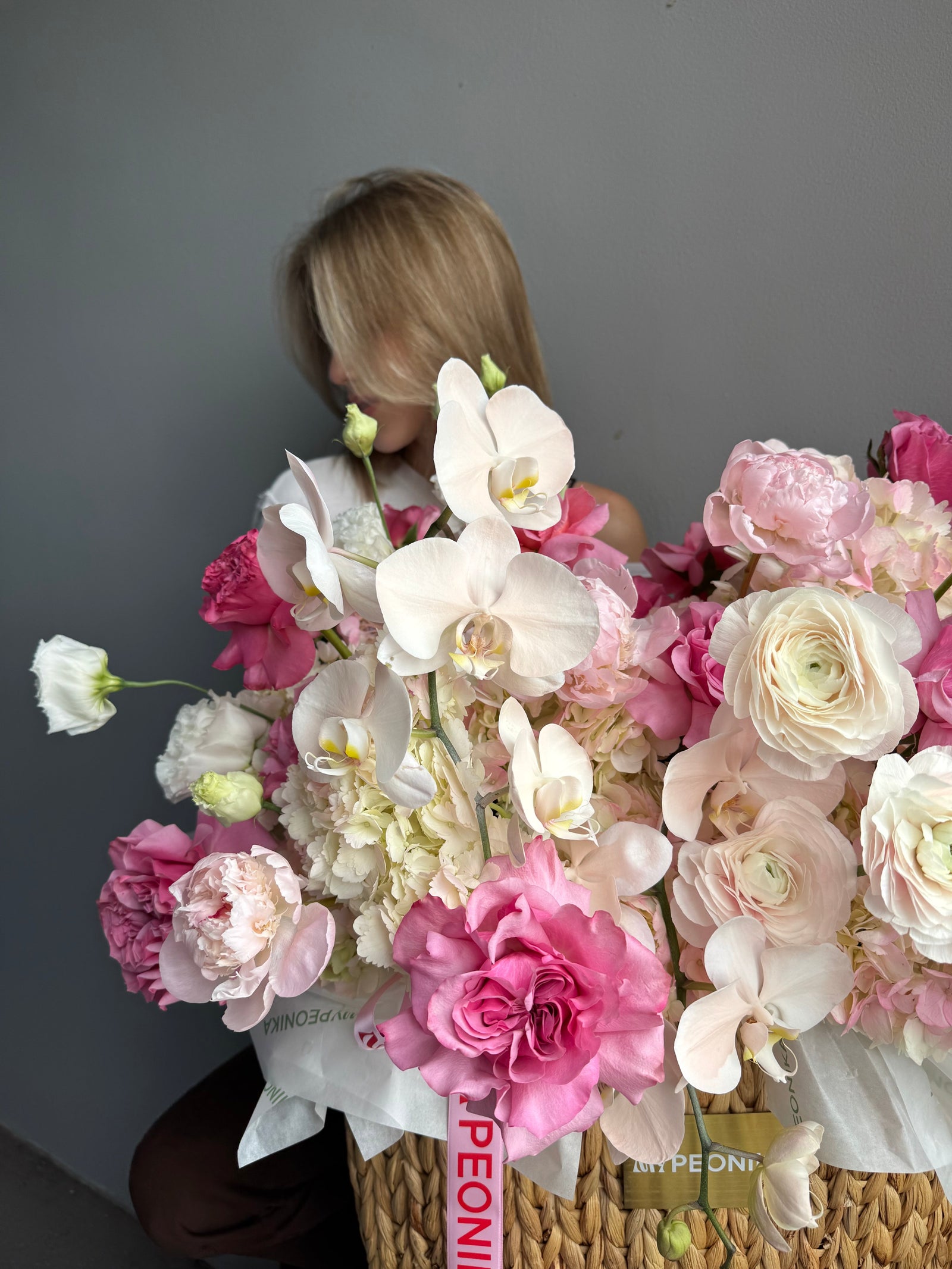 Flower Basket “The Way She Smiles” — roses, orchids, ranunculus