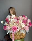 Flower Basket “The Way She Smiles” — roses, orchids, ranunculus