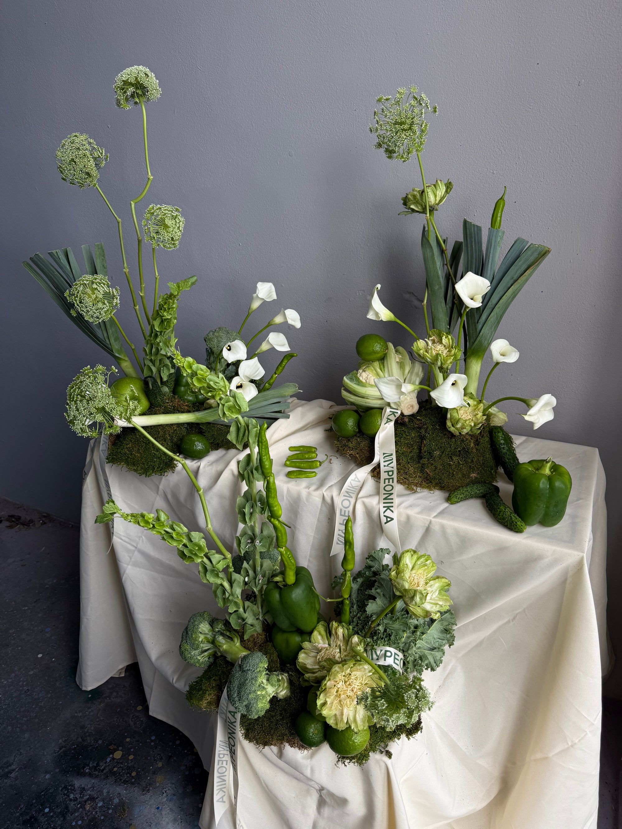 Interior Arrangements Set “Vibrant Core” — calla lilies, viburnum, rose veggie, assorted vegetables