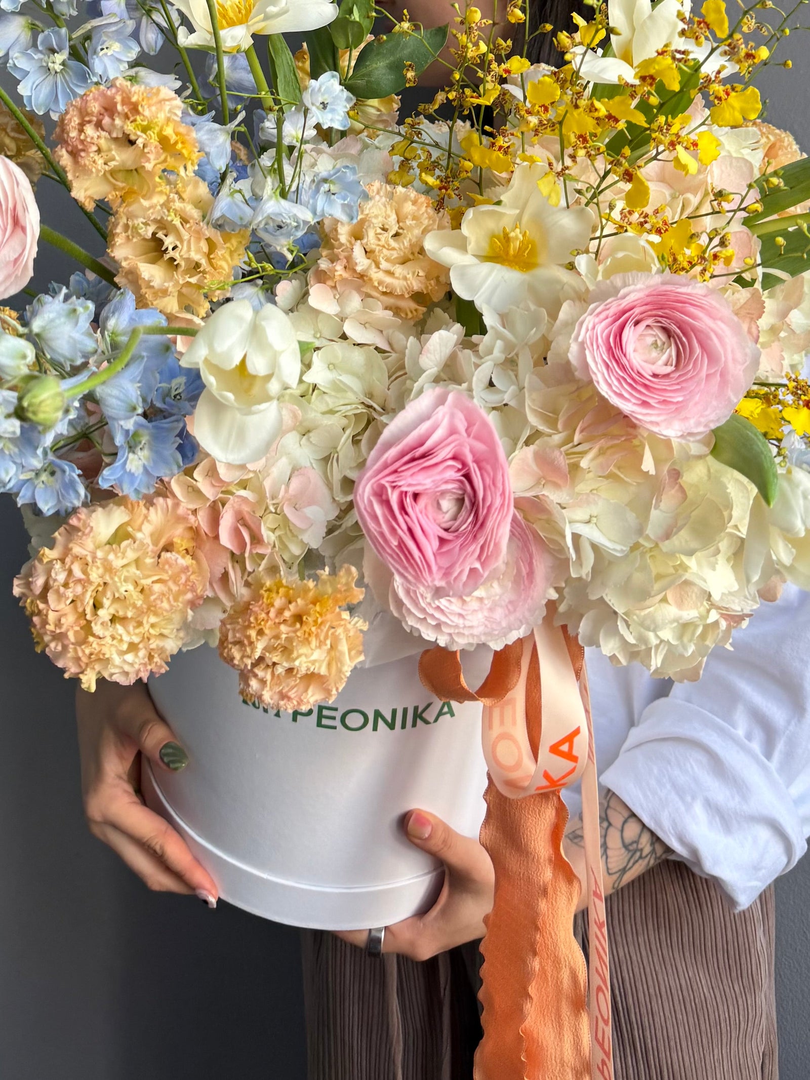 Flower Box “Fresh Start” — ranunculus, hydrangea, delphinium, lisianthus &amp; seasonal blooms