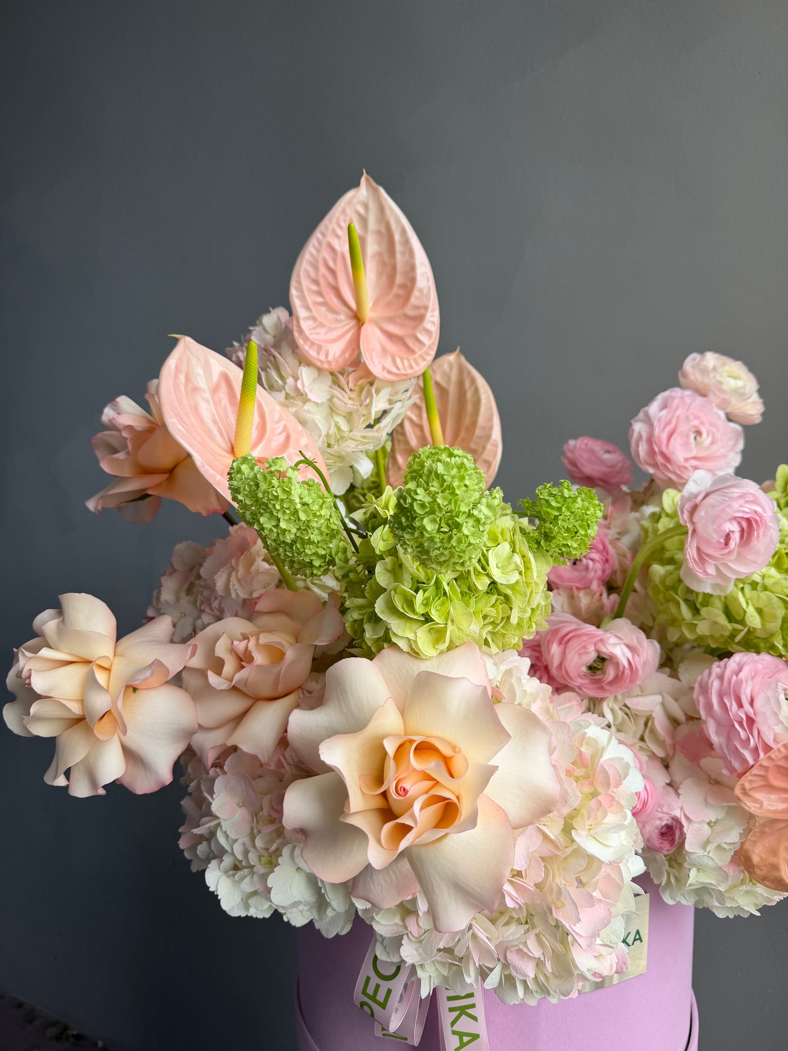 Flower Box “The Way You Care” — roses, hydrangea, ranunculus, anthurium, viburnum