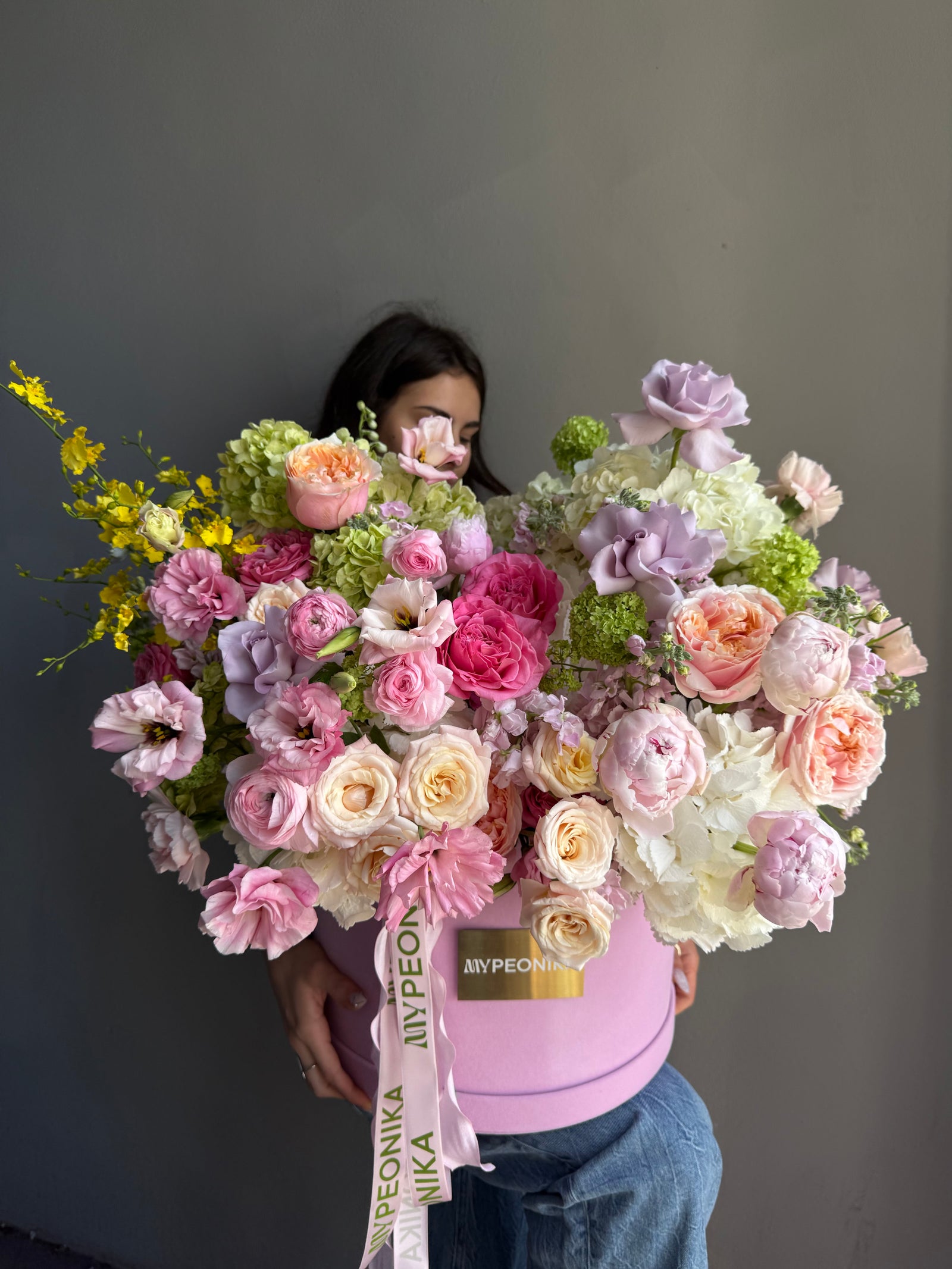 Flower Box “For Her, With Love” — roses, hydrangea, peonies, ranunculus, viburnum
