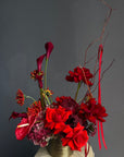 Vase Arrangement “Burning Love” — roses, hydrangea, anthurium, calla lily, gerberas, decorative pomegranate