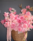 Flower Basket “Hyperpink” — anthurium, strelitzia, roses, hydrangea