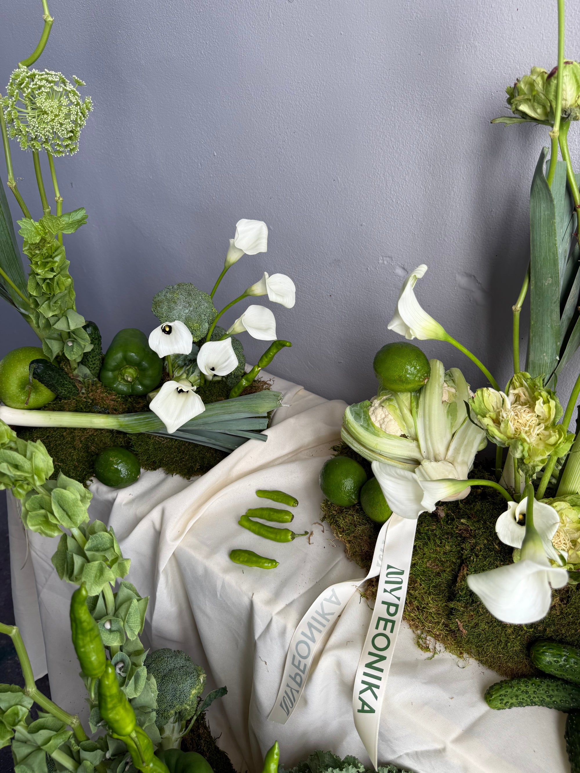 Interior Arrangements Set “Vibrant Core” — calla lilies, viburnum, rose veggie, assorted vegetables