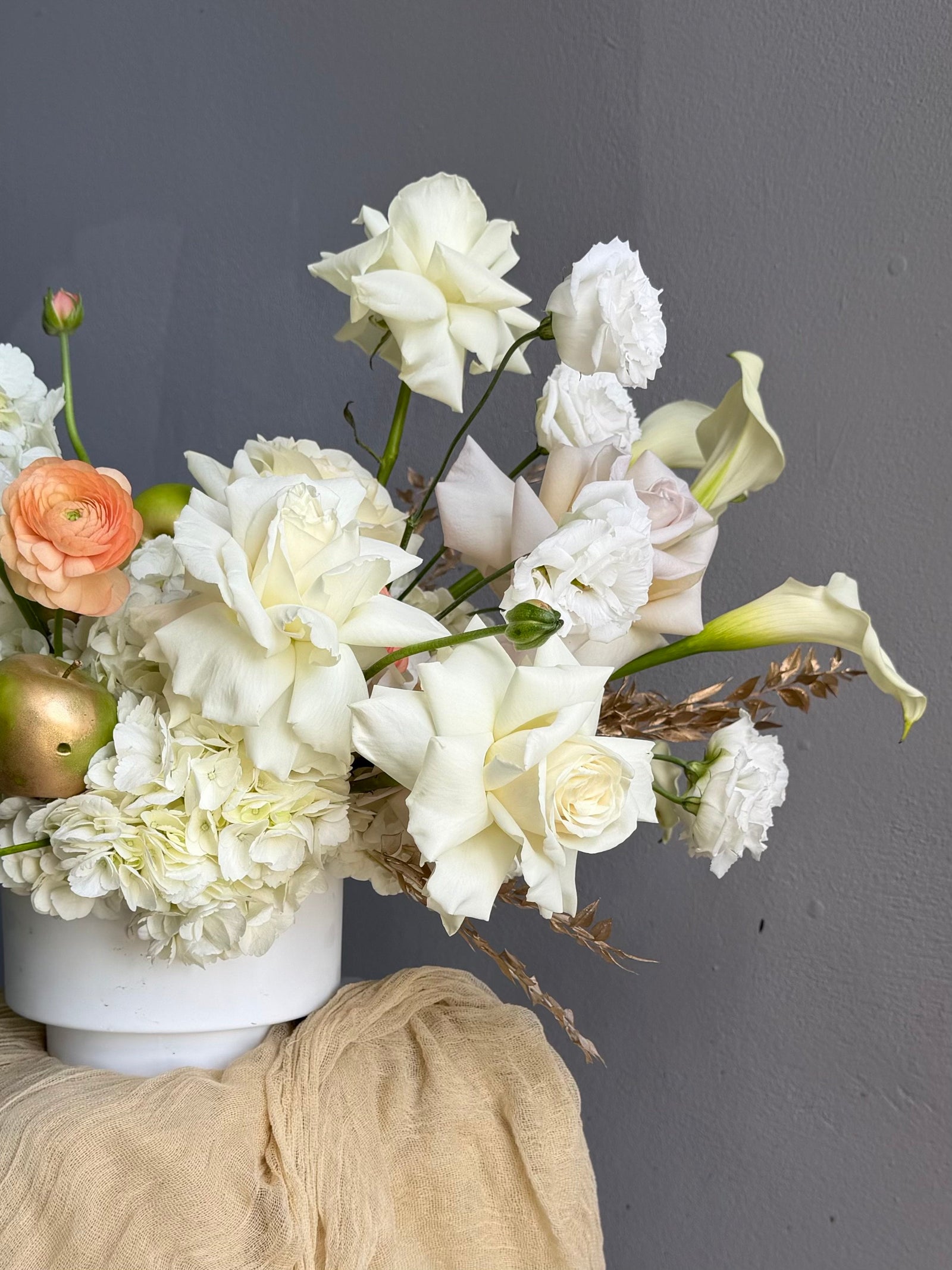 Vase Arrangement “September Silk” — hydrangea, rose, ranunculus, calla lily, anthurium, decorative apple