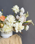 Vase Arrangement “September Silk” — hydrangea, rose, ranunculus, calla lily, anthurium, decorative apple
