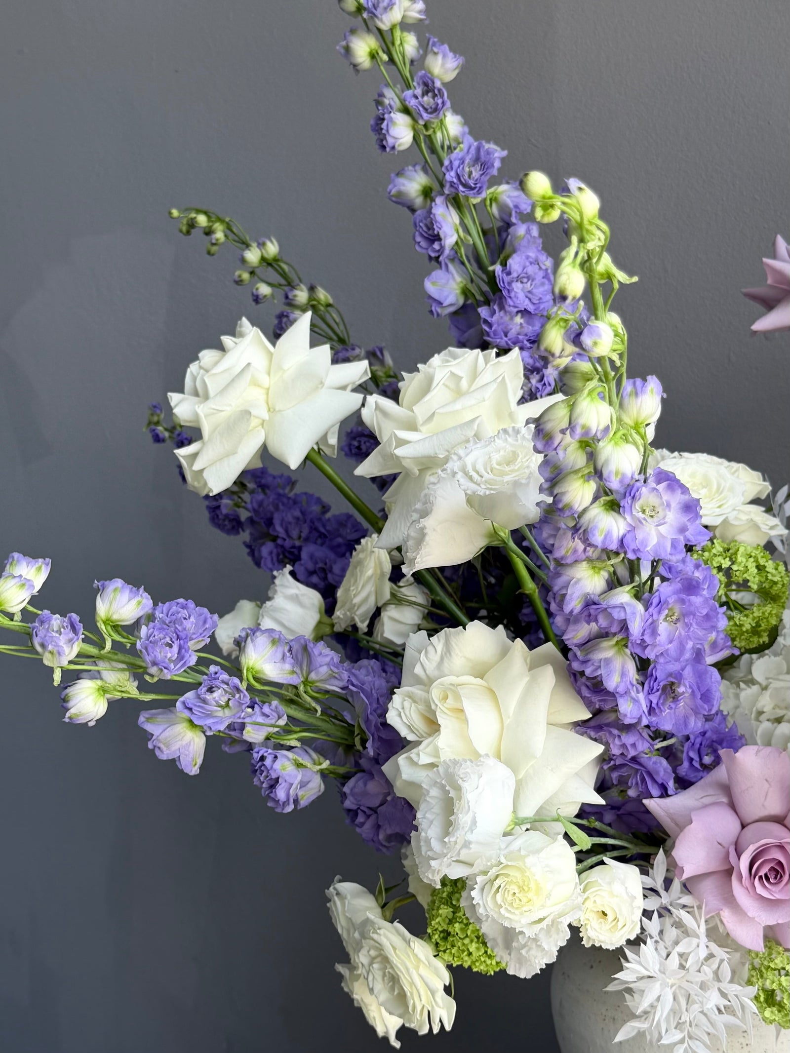 Vase Arrangement “Summer Poetry” — delphinium, peonies, roses, viburnum, lisianthus