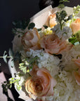 Bouquet “Cute & Cozy” — roses, hydrangea, eucalyptus (medium size)