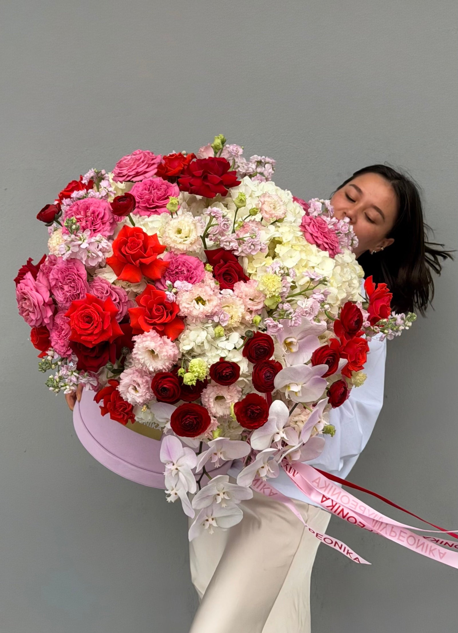 Flower Box “Statement of Love” — ranunculus, rose, hydrangea, orchid