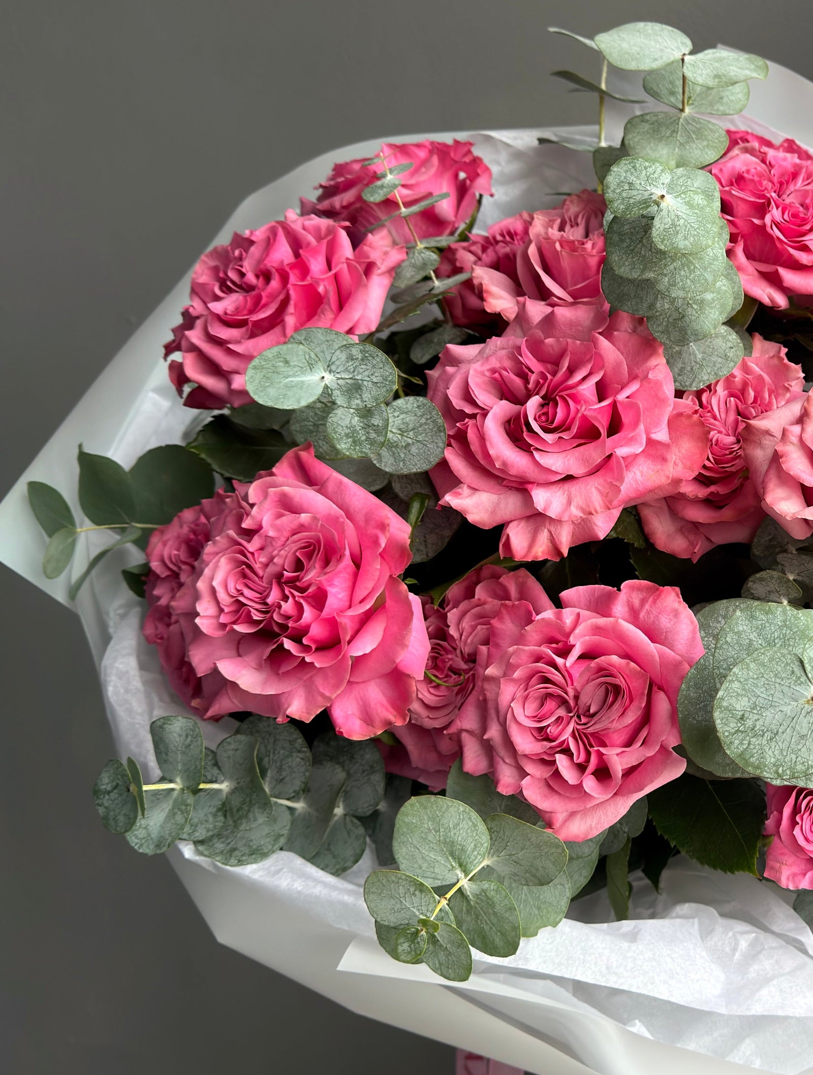 Bouquet “Pink Promise” - garden roses with eucalyptus