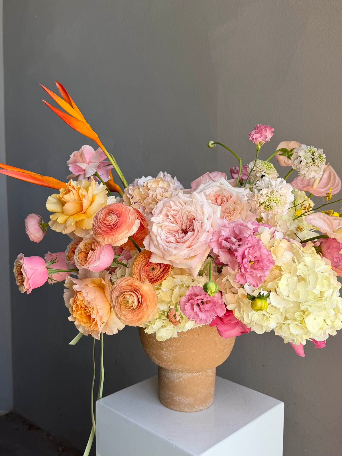 Vase Arrangement “Dear September” — roses, ranunculus, hydrangea, bird of paradise
