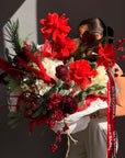 Bouquet “Winter Magic” — roses, evergreen branches, hydrangea, rowan berries