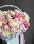 Flower Basket “You’re My Best Decision” — hydrangeas, garden roses, spray roses, peonies, lisianthus