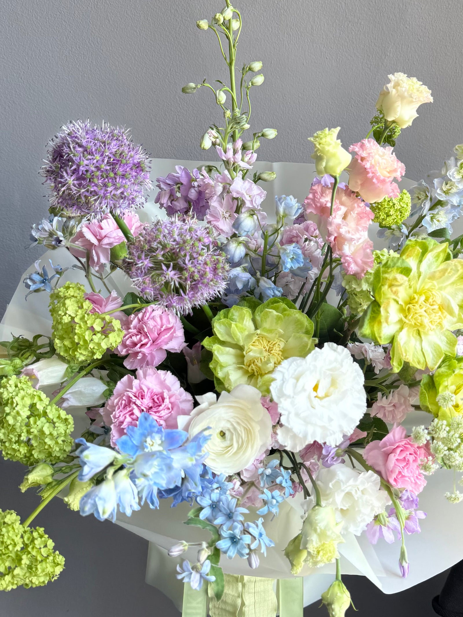 Bouquet “Color Me Happy” — veggie roses, allium, delphinium, campanula